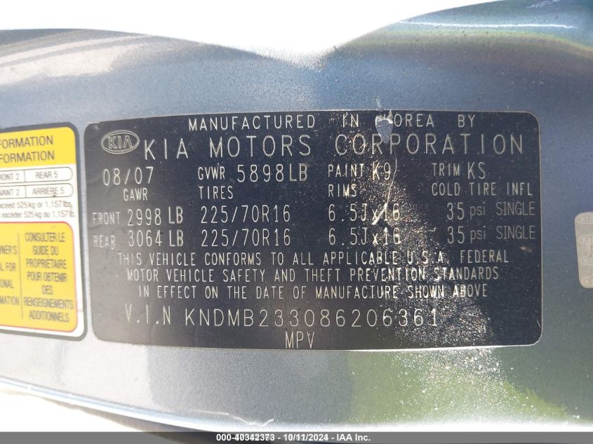 2008 Kia Sedona Lx VIN: KNDMB233086206361 Lot: 40342373