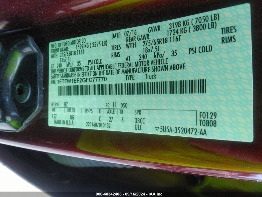 2016 Ford F-150 Xlt VIN: 1FTFW1EF2GFC77770 Lot: 40342405