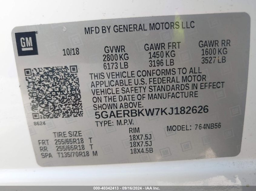 5GAERBKW7KJ182626 2019 Buick Enclave Fwd Essence