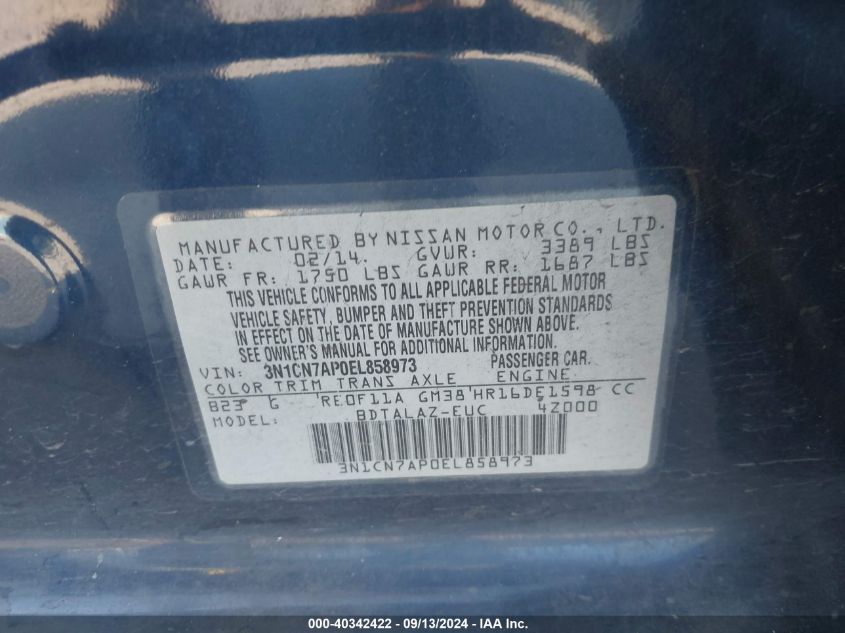 3N1CN7AP0EL858973 2014 Nissan Versa S/S Plus/Sv/Sl