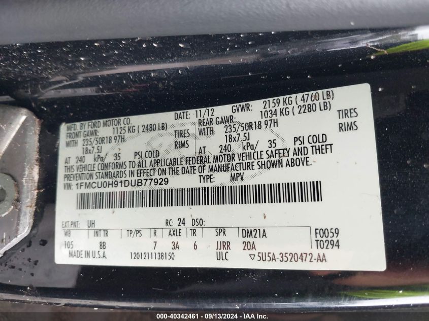 2013 Ford Escape Sel VIN: 1FMCU0H91DUB77929 Lot: 40342461