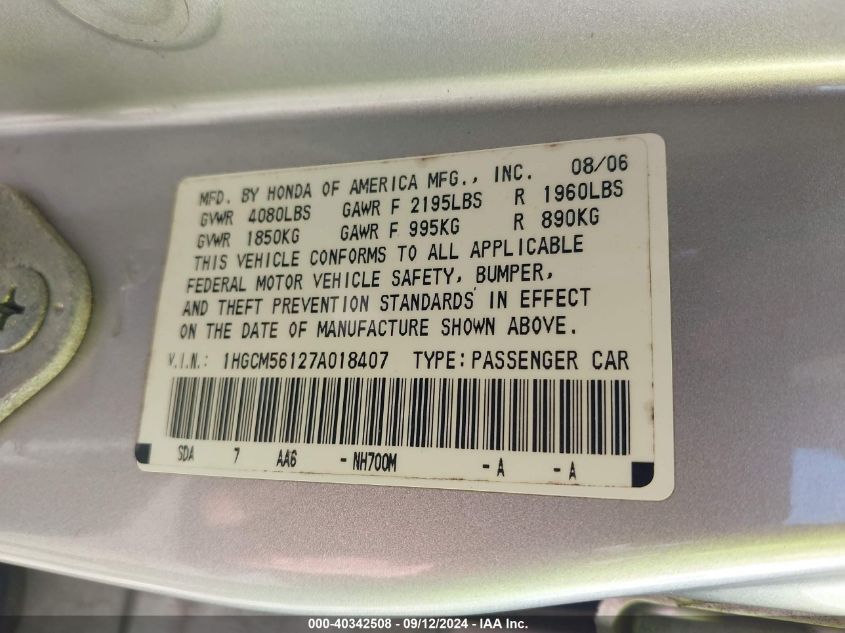 1HGCM56127A018407 2007 Honda Accord 2.4 Vp