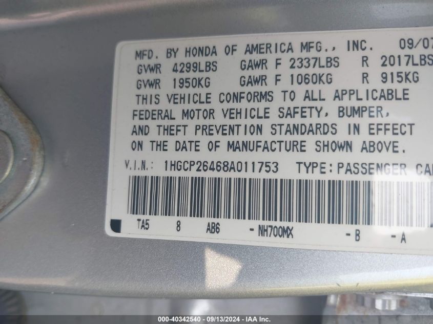 1HGCP26468A011753 2008 Honda Accord Lxp