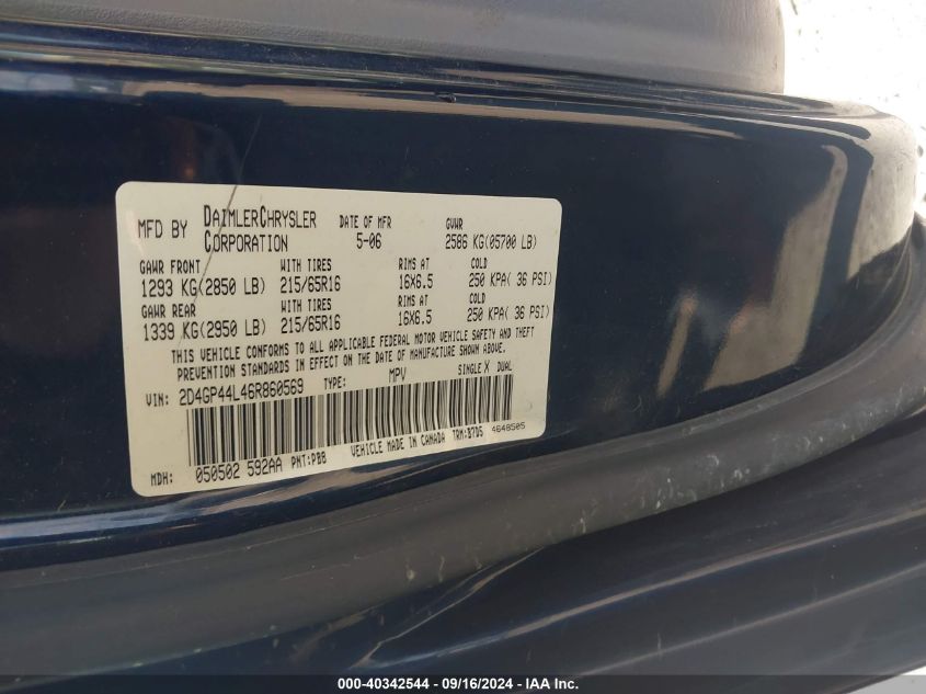 2006 Dodge Grand Caravan Sxt VIN: 2D4GP44L46R860569 Lot: 40342544