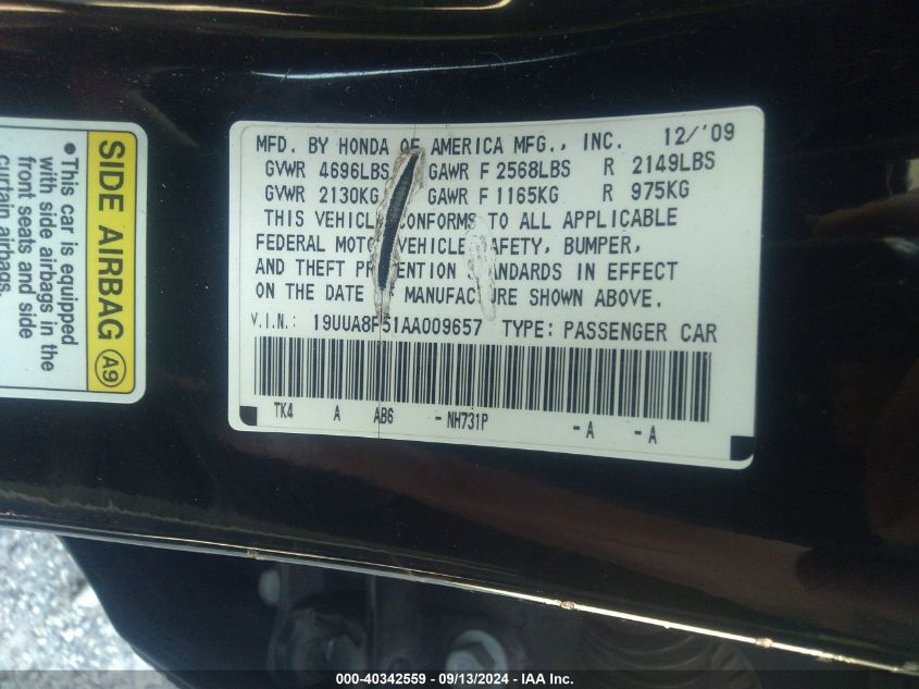 2010 Acura Tl 3.5 VIN: 19UUA8F51AA009657 Lot: 40342559