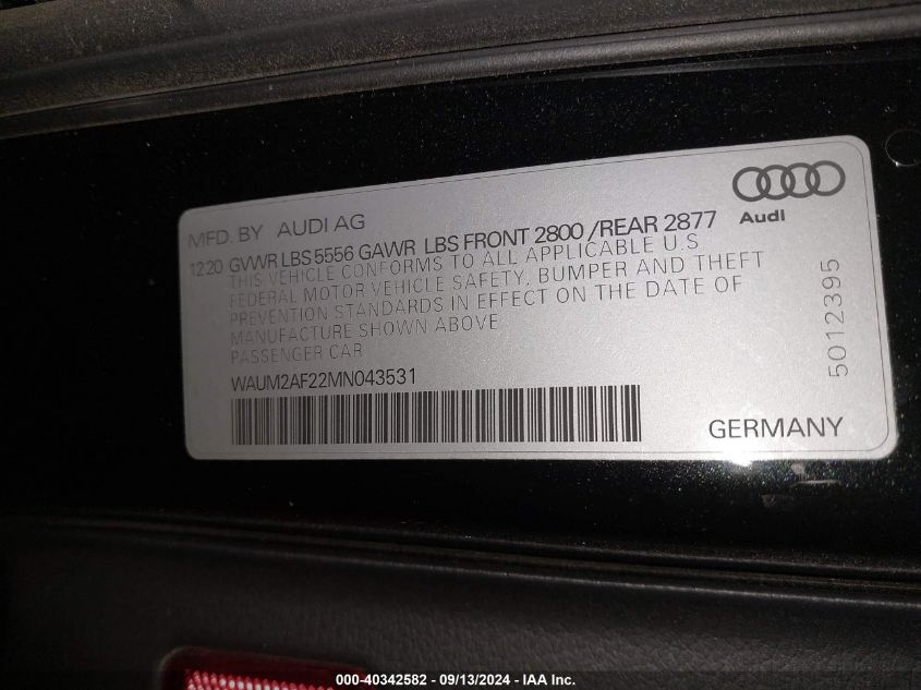 2021 Audi A6 Prestige VIN: WAUM2AF22MN043531 Lot: 40342582