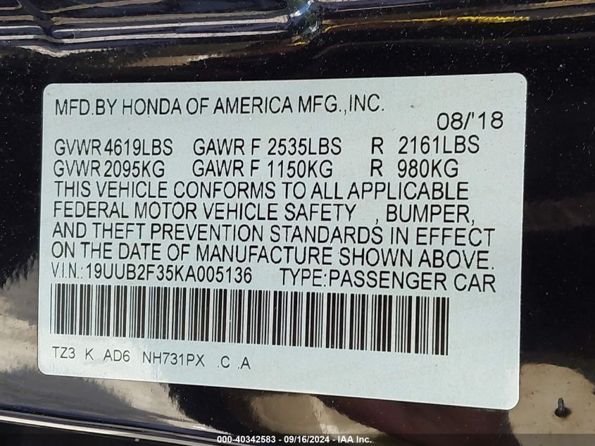 19UUB2F35KA005136 2019 Acura Tlx Standard