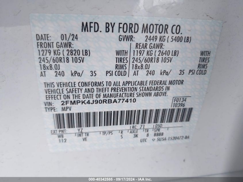 2024 Ford Edge Sel VIN: 2FMPK4J90RBA77410 Lot: 40342585