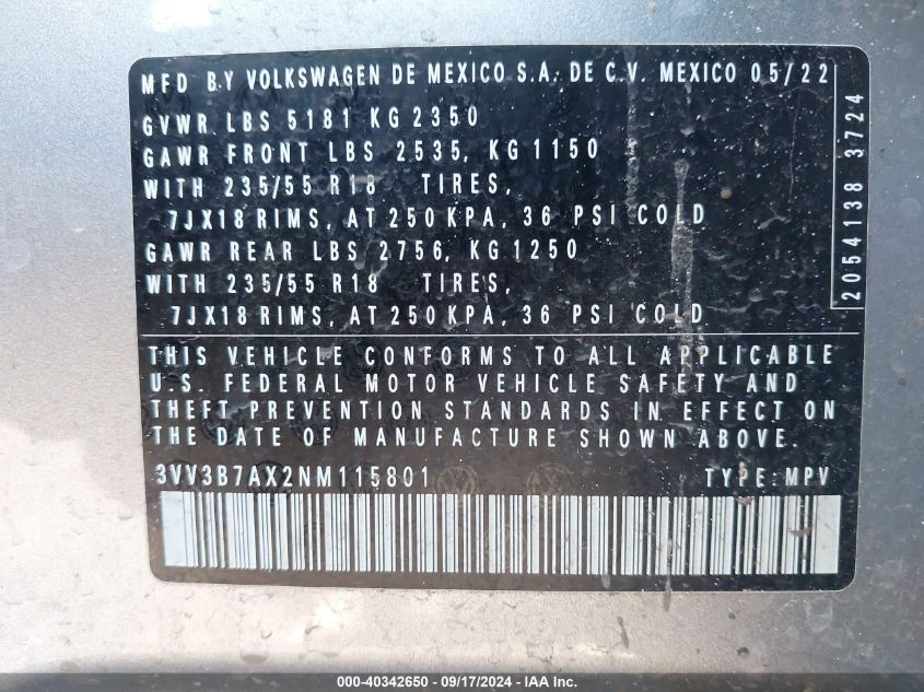 3VV3B7AX2NM115801 2022 Volkswagen Tiguan Se