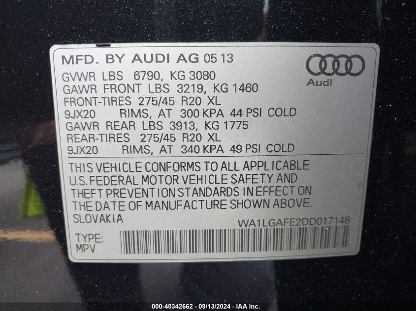 2013 Audi Q7 Premium Plus VIN: WA1LGAFE2DD017148 Lot: 40342662