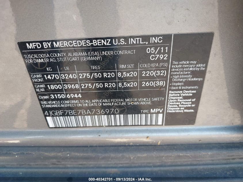 4JGBF7BE7BA736970 2011 Mercedes-Benz Gl 450 4Matic