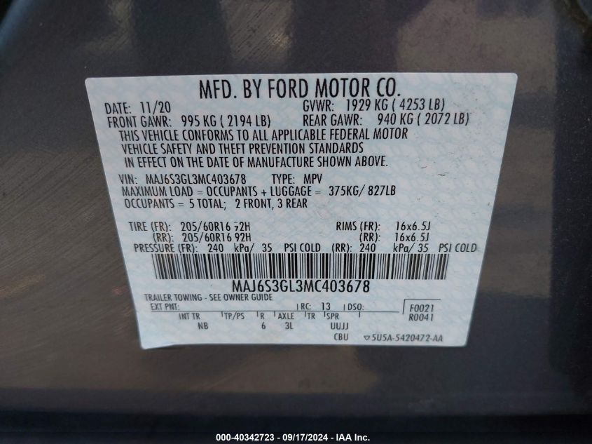 MAJ6S3GL3MC403678 2021 Ford Ecosport Se