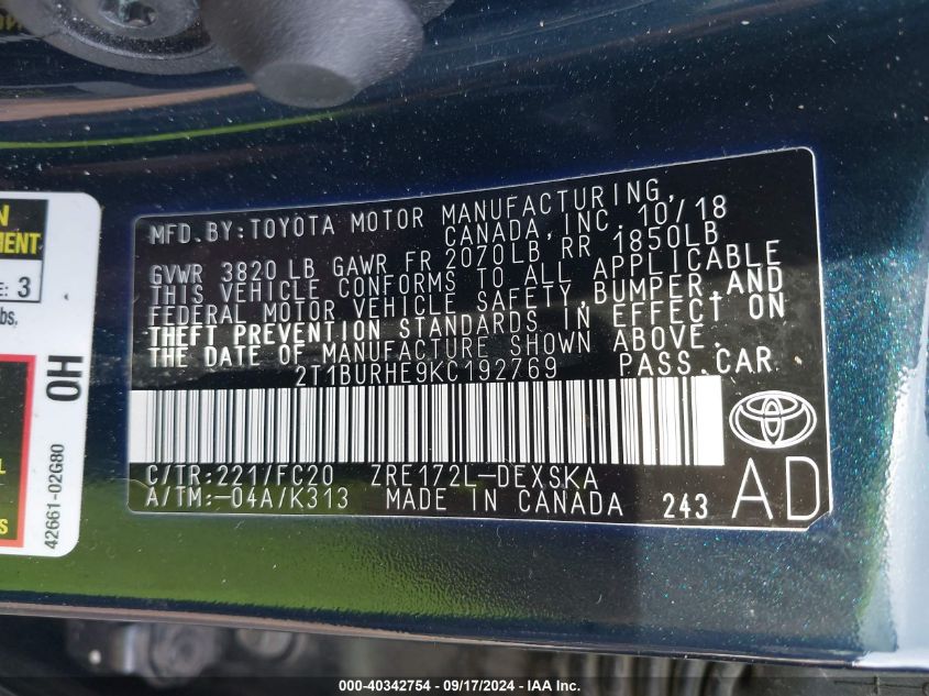 2019 TOYOTA COROLLA L/LE/XLE/SE/XSE - 2T1BURHE9KC192769