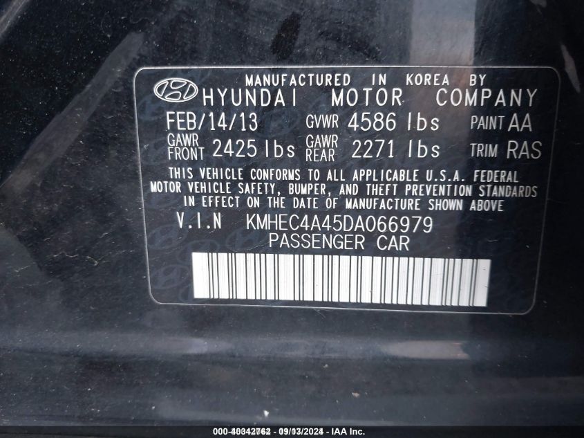 2013 Hyundai Sonata Hybrid Limited VIN: KMHEC4A45DA066979 Lot: 40342762