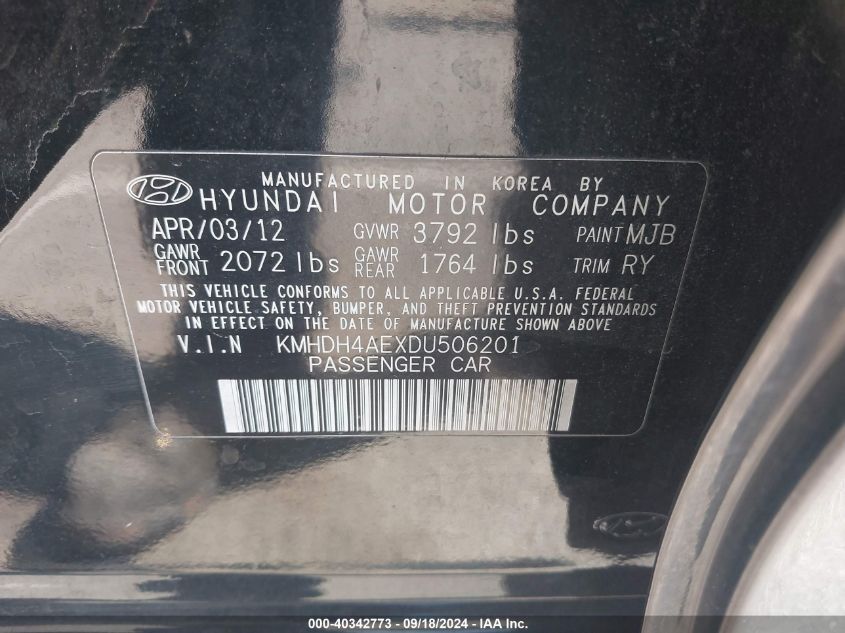 2013 Hyundai Elantra Limited VIN: KMHDH4AEXDU506201 Lot: 40342773