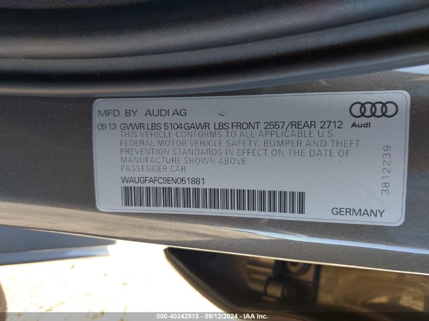 2014 Audi A6 2.0T Premium VIN: WAUGFAFC9EN051881 Lot: 40342915