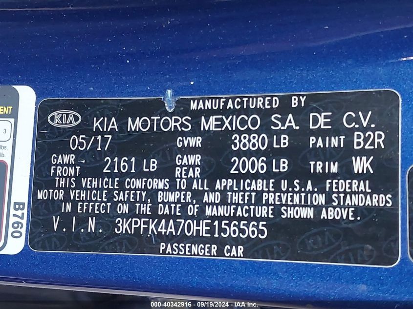 2017 Kia Forte Lx VIN: 3KPFK4A70HE156565 Lot: 40342916