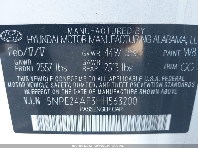 2017 HYUNDAI SONATA - 5NPE24AF3HH563200