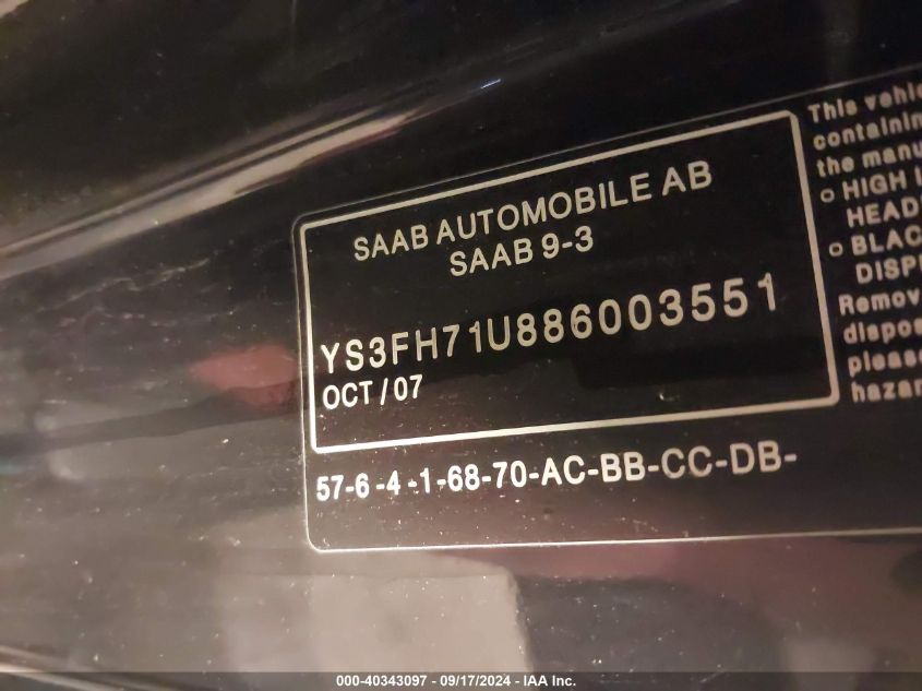 YS3FH71U886003551 2008 Saab 9-3 Aero