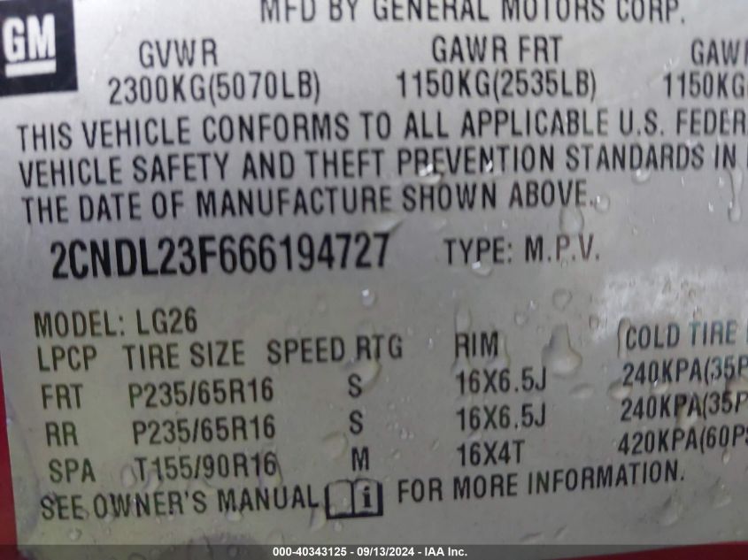 2CNDL23F666194727 2006 Chevrolet Equinox Ls