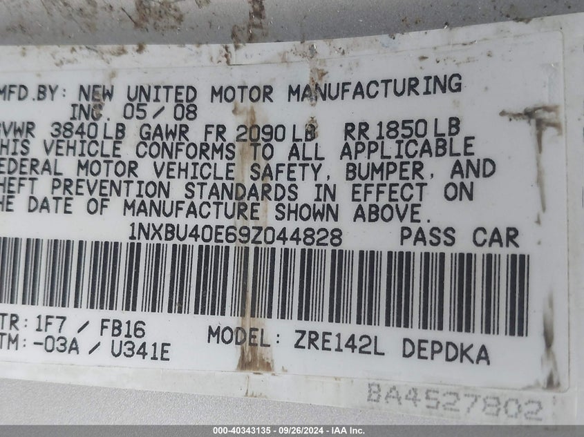 2009 TOYOTA COROLLA VIN: 1NXBU40E69Z044828