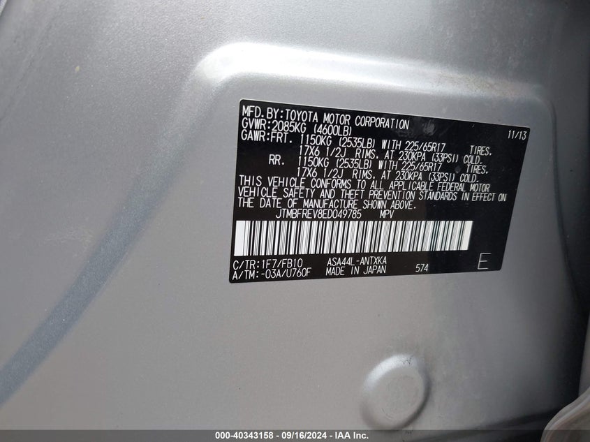 2014 TOYOTA RAV4 VIN: JTMBFREV8ED049785