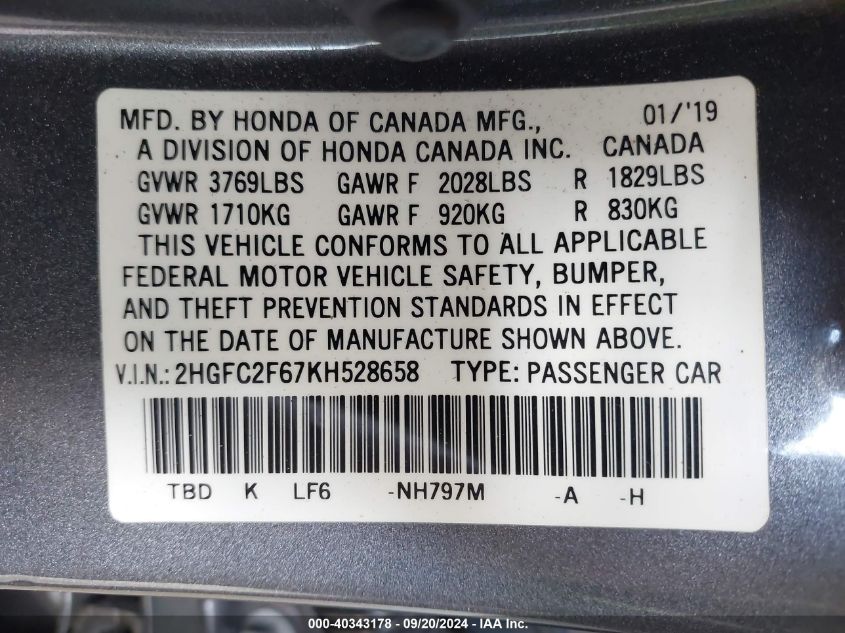 2HGFC2F67KH528658 2019 Honda Civic Lx