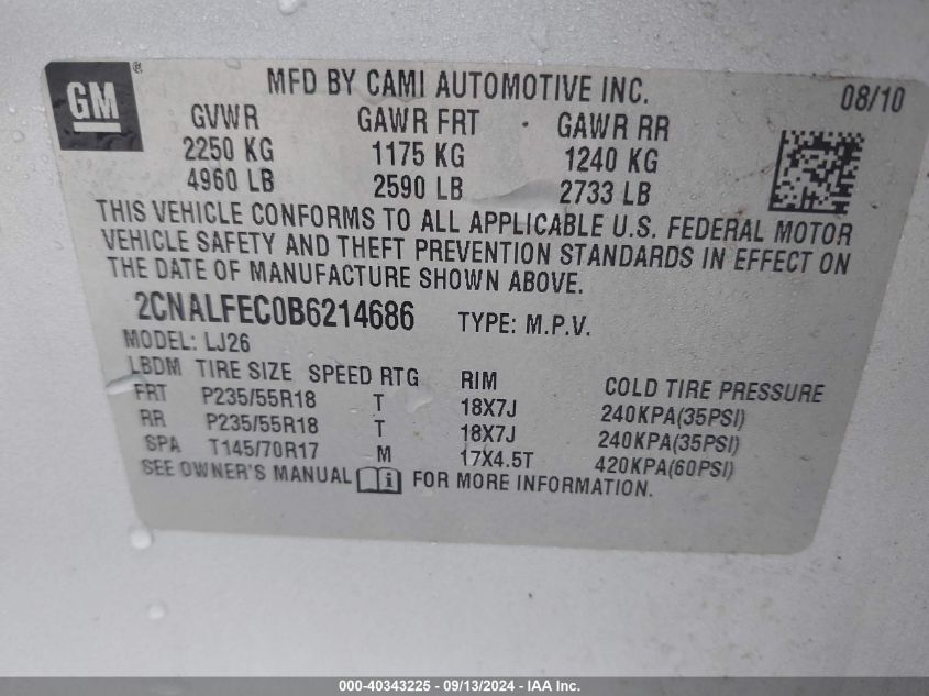 2011 Chevrolet Equinox Ltz VIN: 2CNALFEC0B6214686 Lot: 40343225