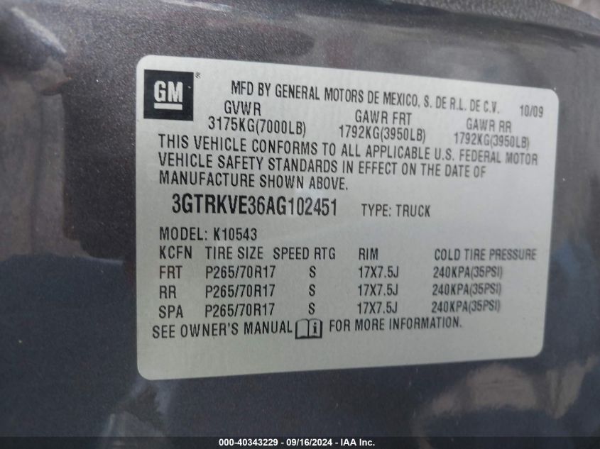 2010 GMC Sierra 1500 Sle VIN: 3GTRKVE36AG102451 Lot: 40343229