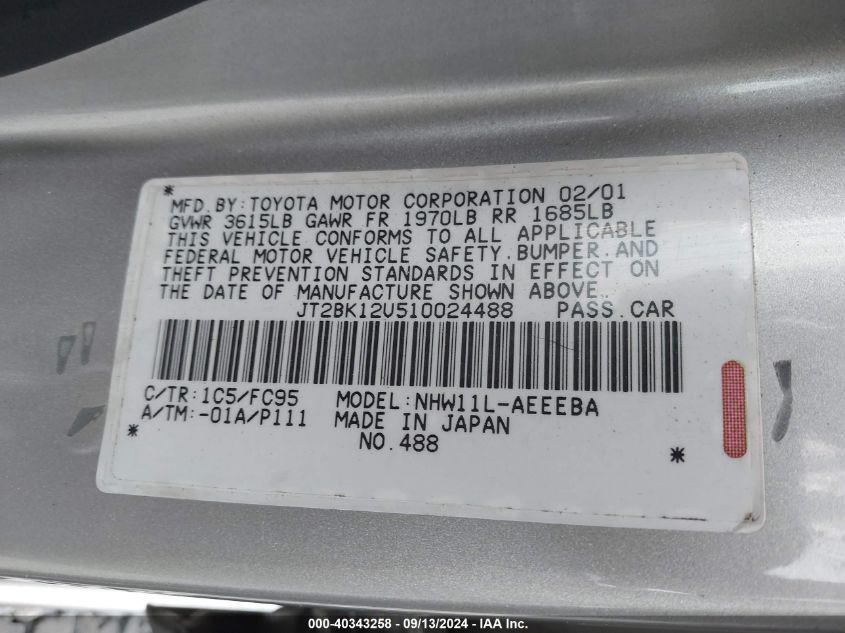 JT2BK12U510024488 2001 Toyota Prius