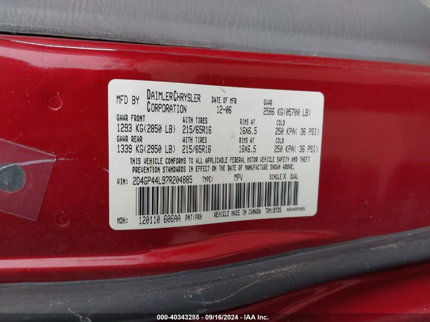 2007 Dodge Grand Caravan Sxt VIN: 2D4GP44L97R204885 Lot: 40343285