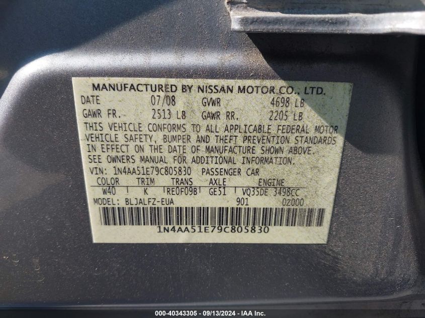 1N4AA51E79C805830 2009 Nissan Maxima 3.5 Sv