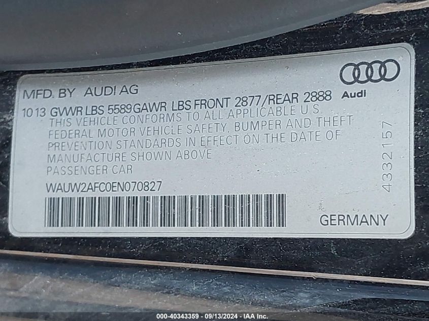 2014 Audi S7 Premium VIN: WAUW2AFC0EN070827 Lot: 40343359