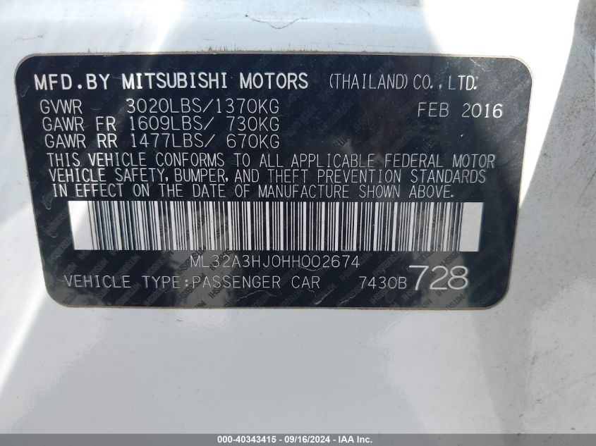 2017 Mitsubishi Mirage Es VIN: ML32A3HJ0HH002674 Lot: 40343415