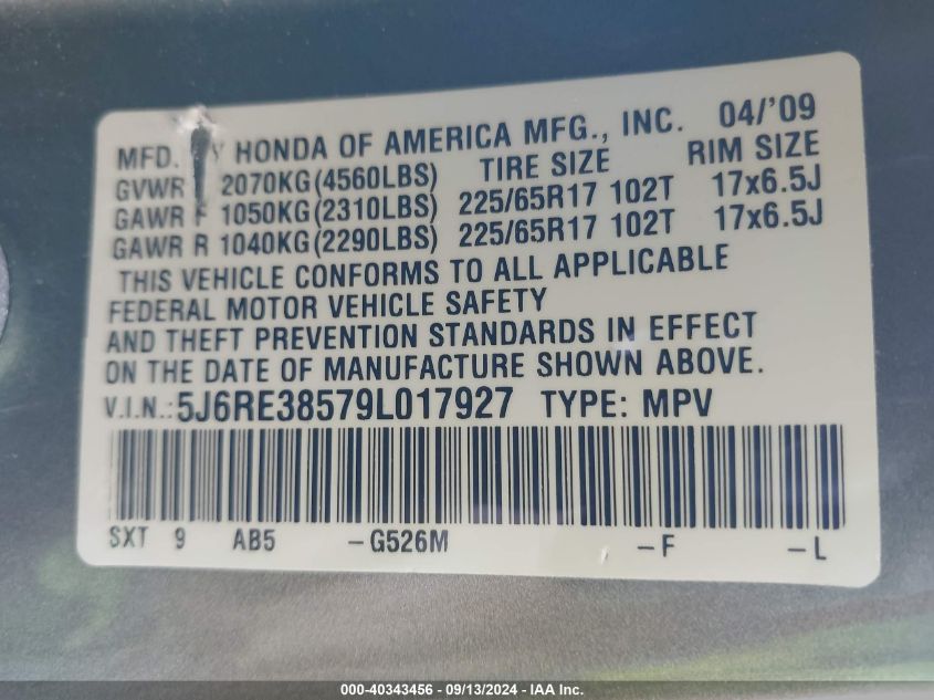 2009 Honda Cr-V Ex VIN: 5J6RE38579L017927 Lot: 40343456