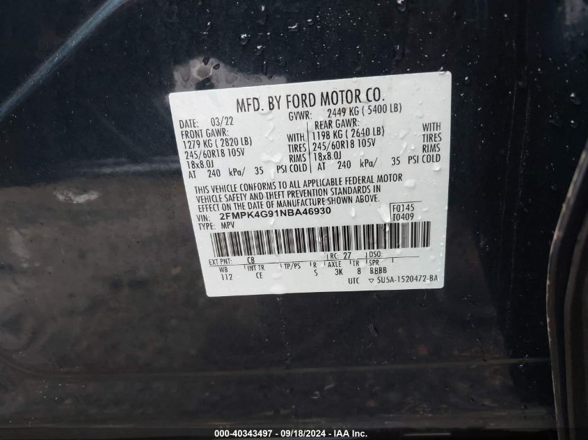 2022 Ford Edge Se VIN: 2FMPK4G91NBA46930 Lot: 40343497