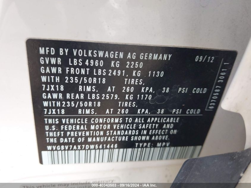 2013 Volkswagen Tiguan Se VIN: WVGBV7AX7DW541446 Lot: 40343503