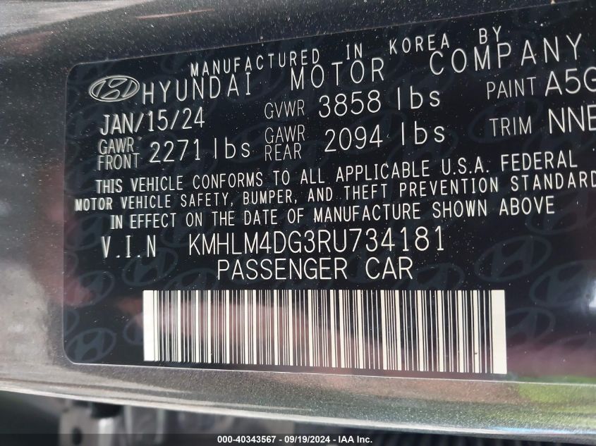 2024 Hyundai Elantra Sel VIN: KMHLM4DG3RU734181 Lot: 40343567