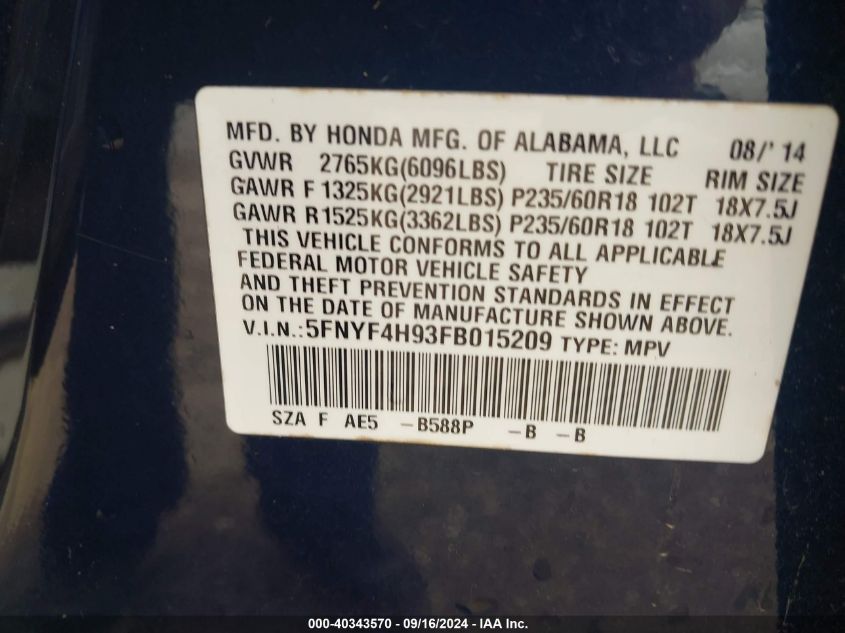 2015 Honda Pilot Touring VIN: 5FNYF4H93FB015209 Lot: 40343570