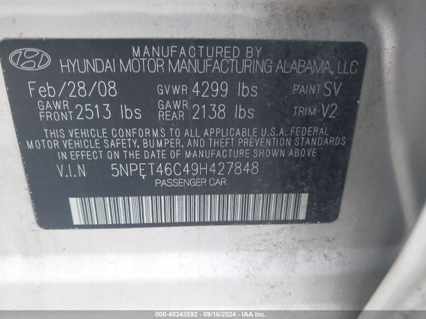 5NPET46C49H427848 2009 Hyundai Sonata Gls