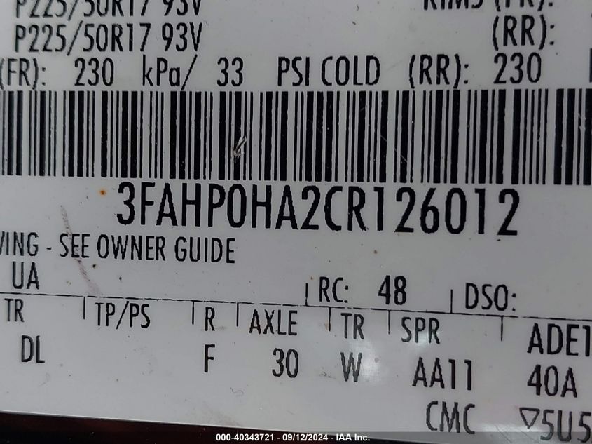 3FAHP0HA2CR126012 2012 Ford Fusion Se