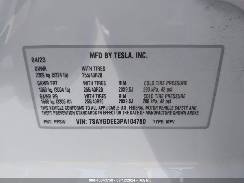 2023 TESLA MODEL Y AWD/LONG RANGE DUAL MOTOR ALL-WHEEL DRIVE - 7SAYGDEE3PA104780