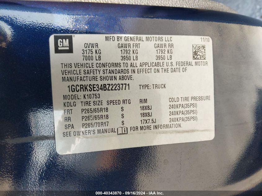 1GCRKSE34BZ223771 2011 Chevrolet Silverado 1500 Lt