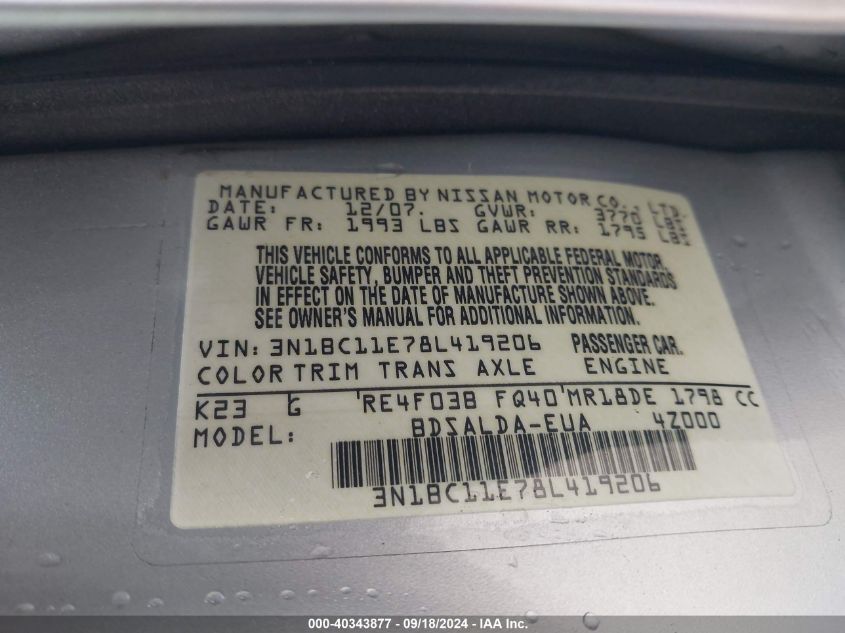 3N1BC11E78L419206 2008 Nissan Versa 1.8S