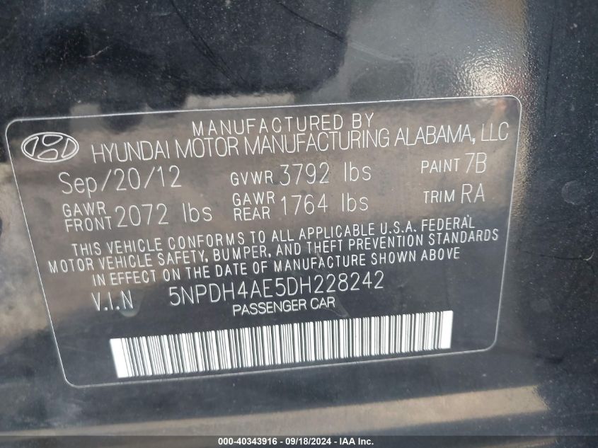 5NPDH4AE5DH228242 2013 Hyundai Elantra Gls/Limited