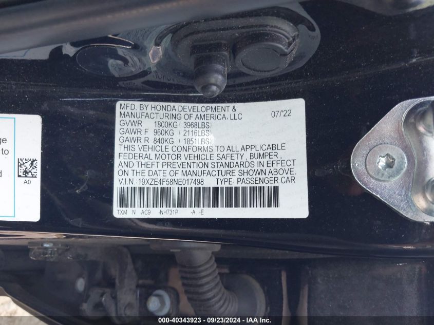 19XZE4F58NE017498 2022 Honda Insight Ex