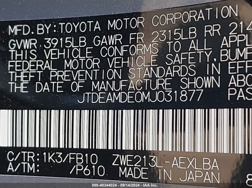 2021 Toyota Corolla Hybrid Le VIN: JTDEAMDE0MJ031877 Lot: 40344024