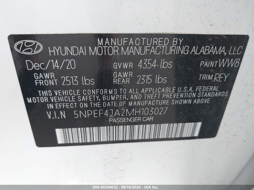 2021 Hyundai Sonata Sel VIN: 5NPEF4JA2MH103027 Lot: 40344032