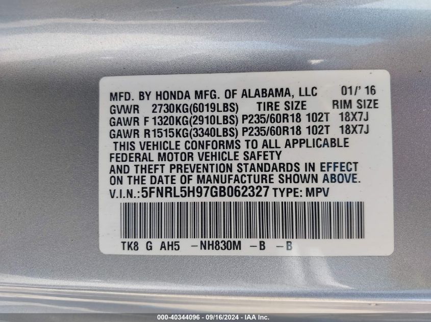 2016 Honda Odyssey Touring/Touring Elite VIN: 5FNRL5H97GB062327 Lot: 40344096