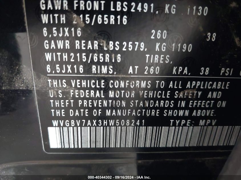 WVGBV7AX3HW508241 2017 Volkswagen Tiguan S